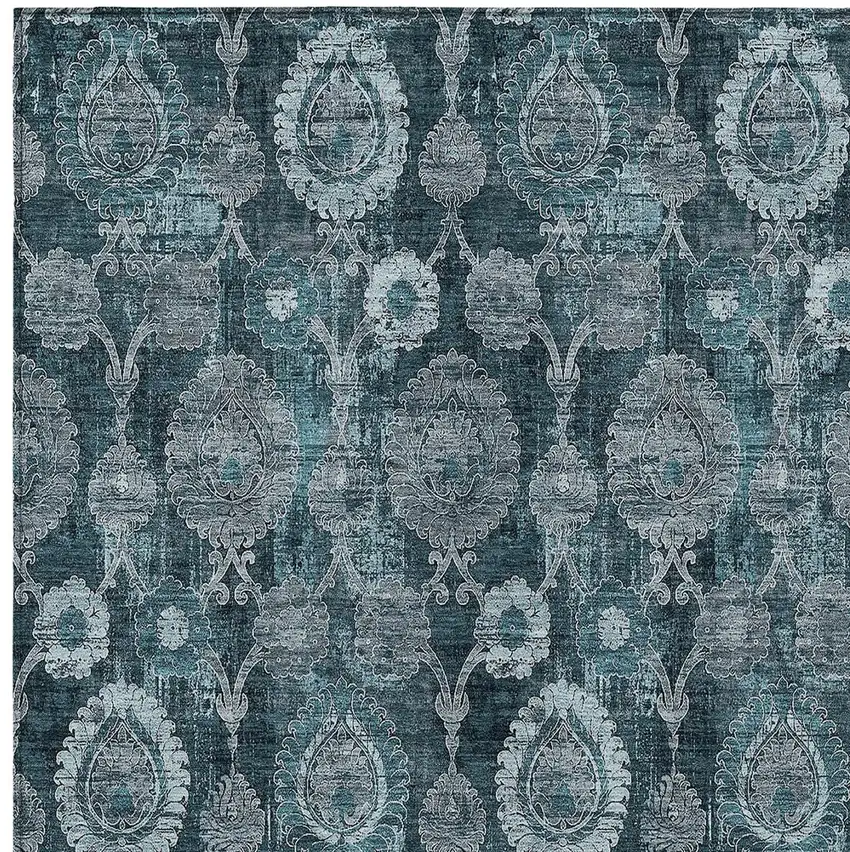 Teal Blue And Sky Blue Damask Washable Indoor Outdoor Area Rug Photo 6
