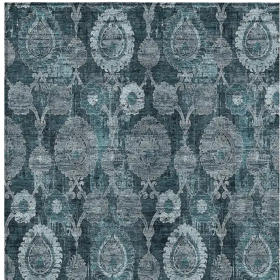 Teal Blue And Sky Blue Damask Washable Indoor Outdoor Area Rug Photo 6