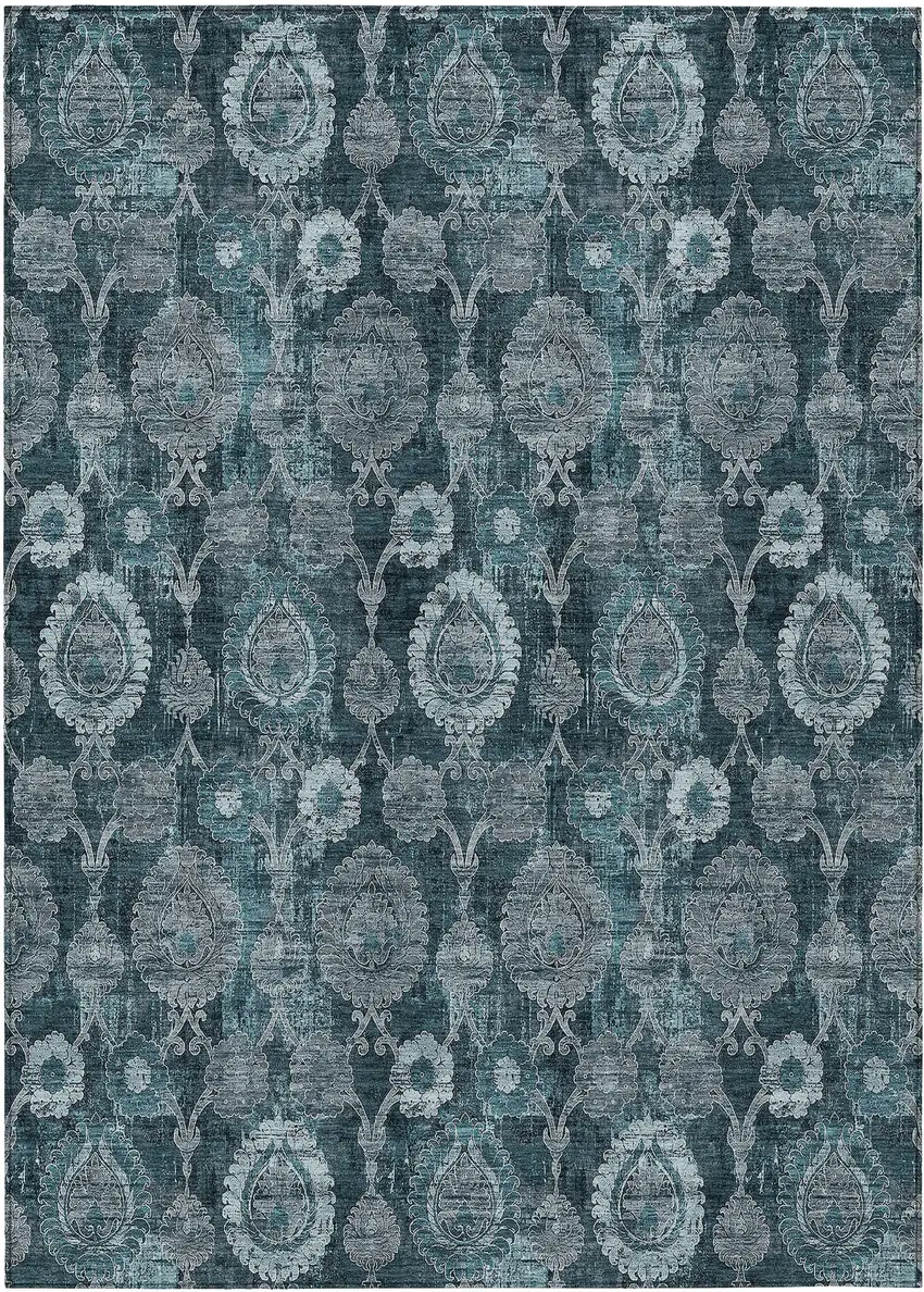 Teal Blue And Sky Blue Damask Washable Indoor Outdoor Area Rug Photo 2
