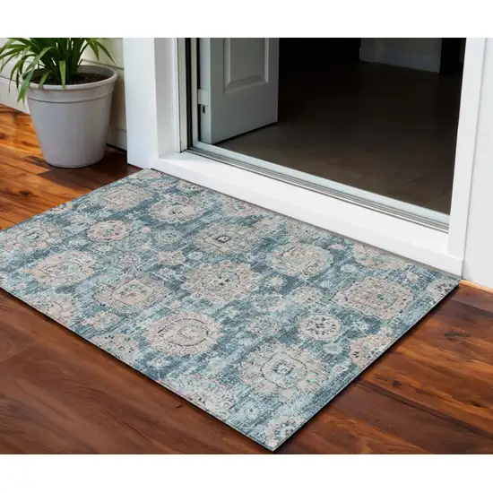 Teal Blue And Sky Blue Floral Washable Indoor Outdoor Area Rug Photo 1