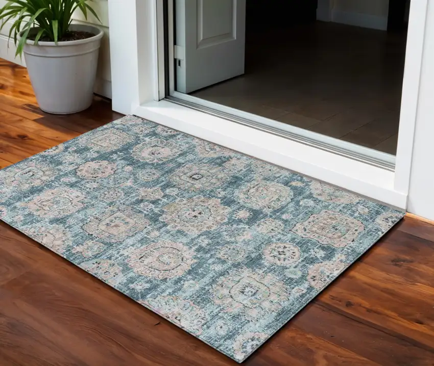 Teal Blue And Sky Blue Floral Washable Indoor Outdoor Area Rug Photo 1