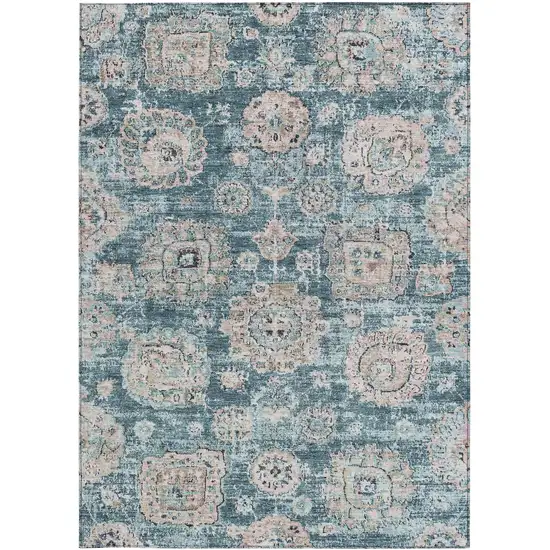 Teal Blue And Sky Blue Floral Washable Indoor Outdoor Area Rug Photo 6