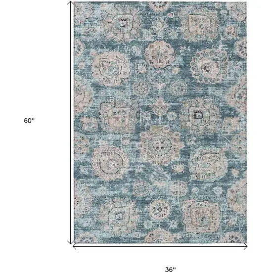Teal Blue And Sky Blue Floral Washable Indoor Outdoor Area Rug Photo 3