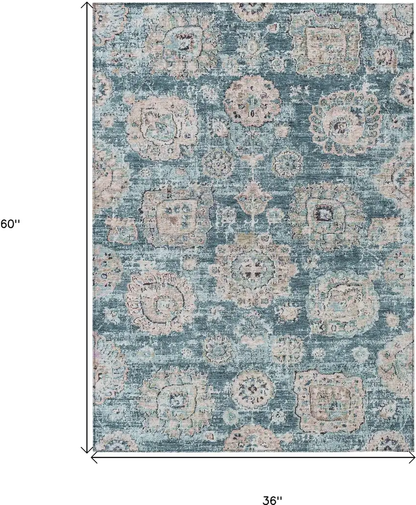 Teal Blue And Sky Blue Floral Washable Indoor Outdoor Area Rug Photo 3