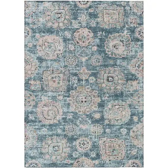 Teal Blue And Sky Blue Floral Washable Indoor Outdoor Area Rug Photo 2