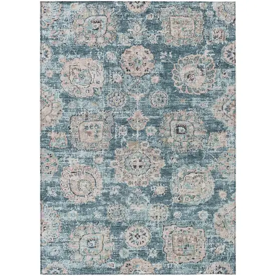 Teal Blue And Sky Blue Floral Washable Indoor Outdoor Area Rug Photo 2