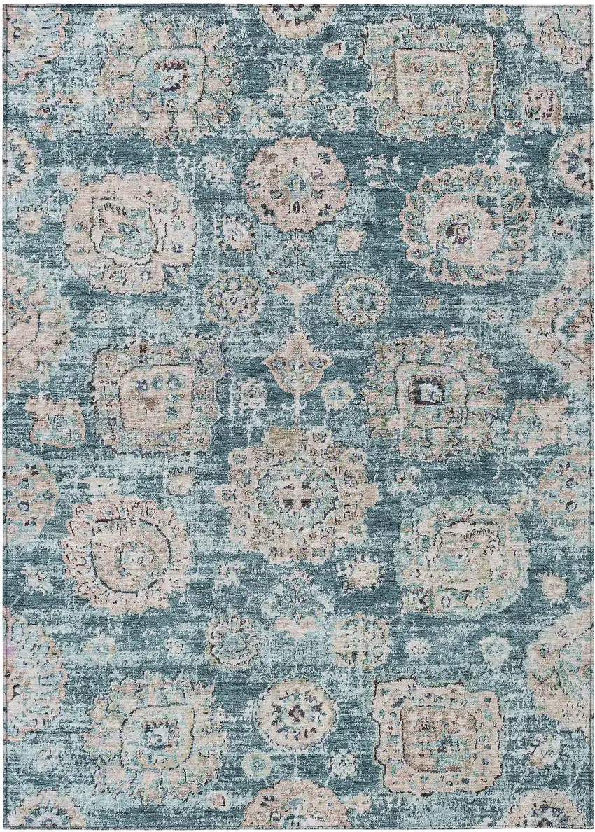 Teal Blue And Sky Blue Floral Washable Indoor Outdoor Area Rug Photo 2