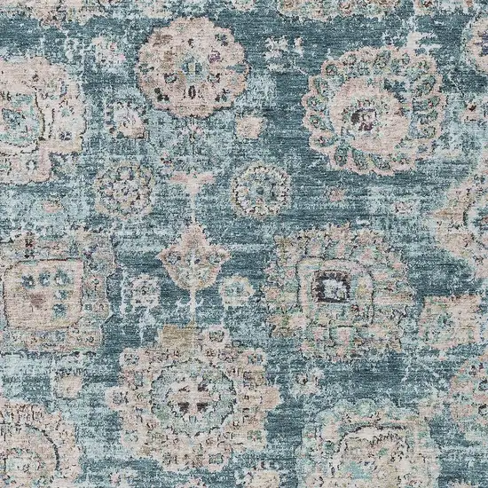 Teal Blue And Sky Blue Floral Washable Indoor Outdoor Area Rug Photo 5
