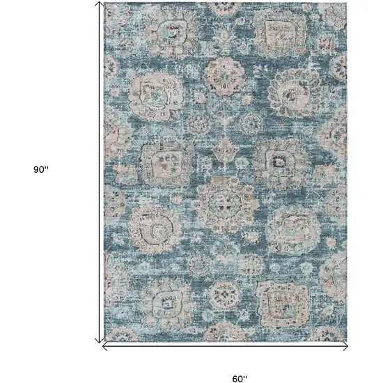 Teal Blue And Sky Blue Floral Washable Indoor Outdoor Area Rug Photo 3