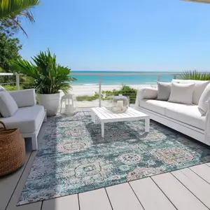 Photo of Teal Blue And Sky Blue Floral Washable Indoor Outdoor Area Rug