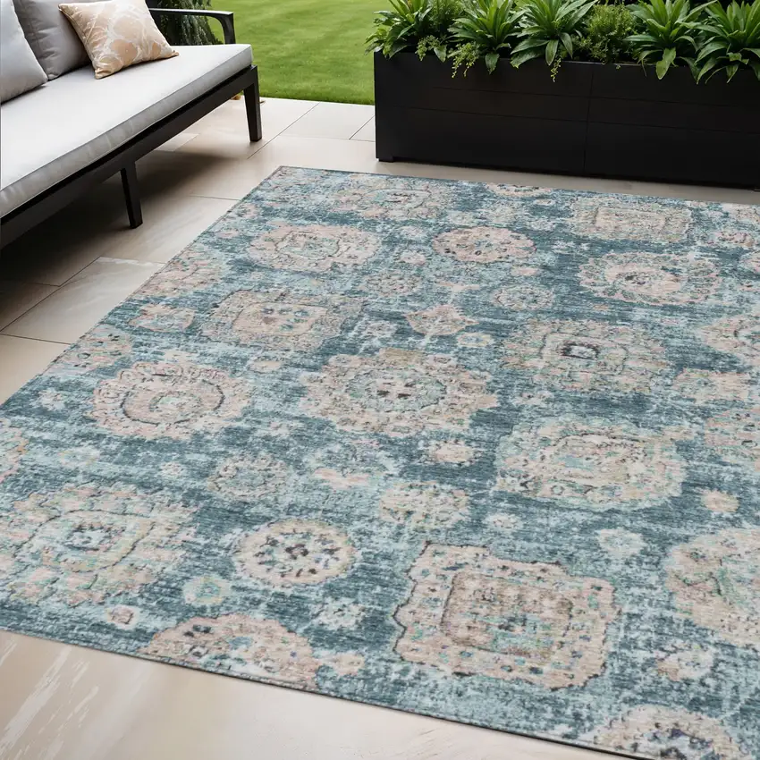Teal Blue And Sky Blue Floral Washable Indoor Outdoor Area Rug Photo 1