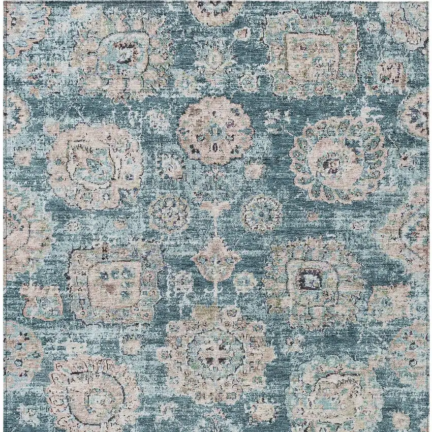 Teal Blue And Sky Blue Floral Washable Indoor Outdoor Area Rug Photo 4