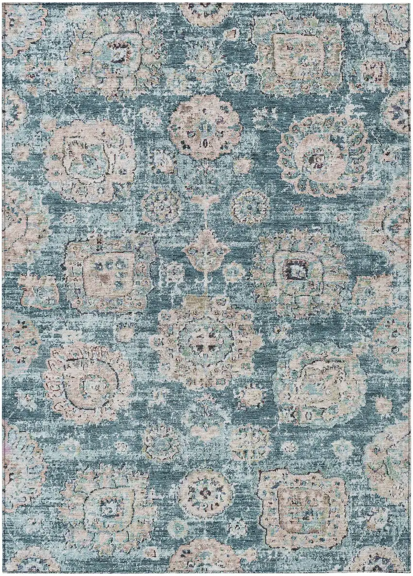 Teal Blue And Sky Blue Floral Washable Indoor Outdoor Area Rug Photo 1