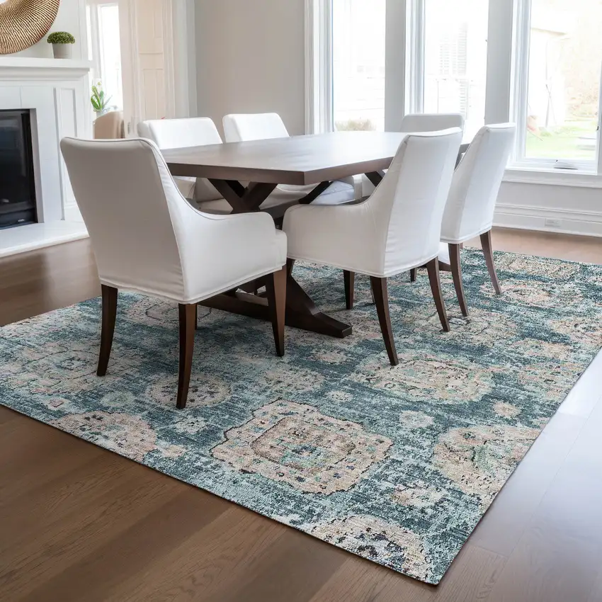 Teal Blue And Sky Blue Floral Washable Indoor Outdoor Area Rug Photo 7