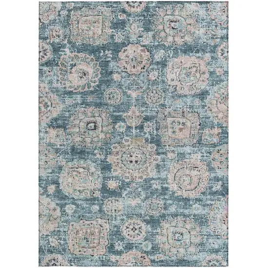 Teal Blue And Sky Blue Floral Washable Indoor Outdoor Area Rug Photo 5