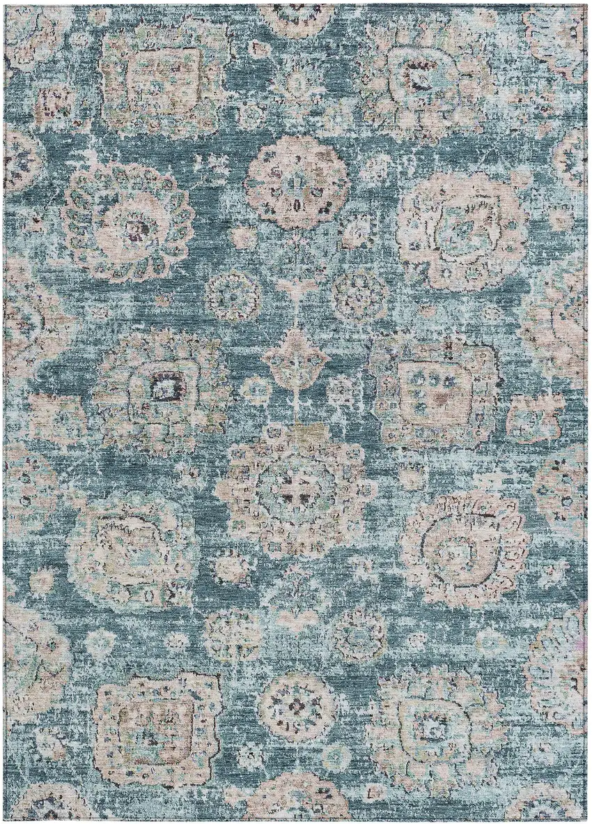 Teal Blue And Sky Blue Floral Washable Indoor Outdoor Area Rug Photo 5