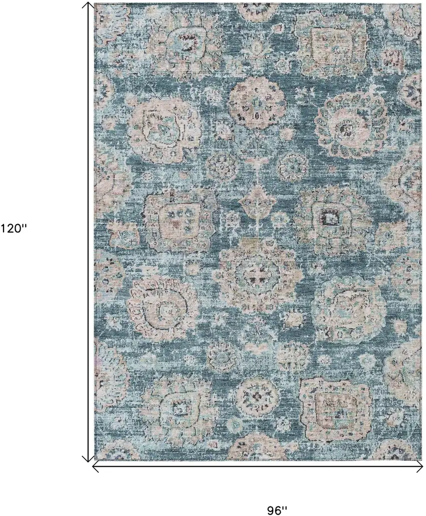 Teal Blue And Sky Blue Floral Washable Indoor Outdoor Area Rug Photo 3