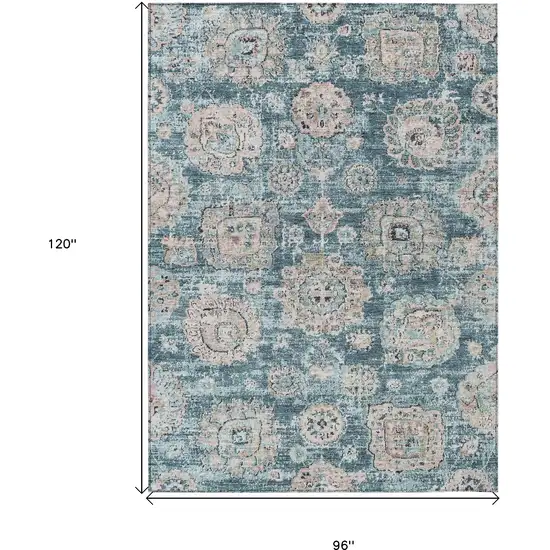Teal Blue And Sky Blue Floral Washable Indoor Outdoor Area Rug Photo 3