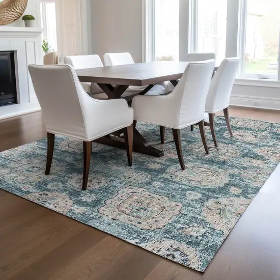 Teal Blue And Sky Blue Floral Washable Indoor Outdoor Area Rug Photo 7