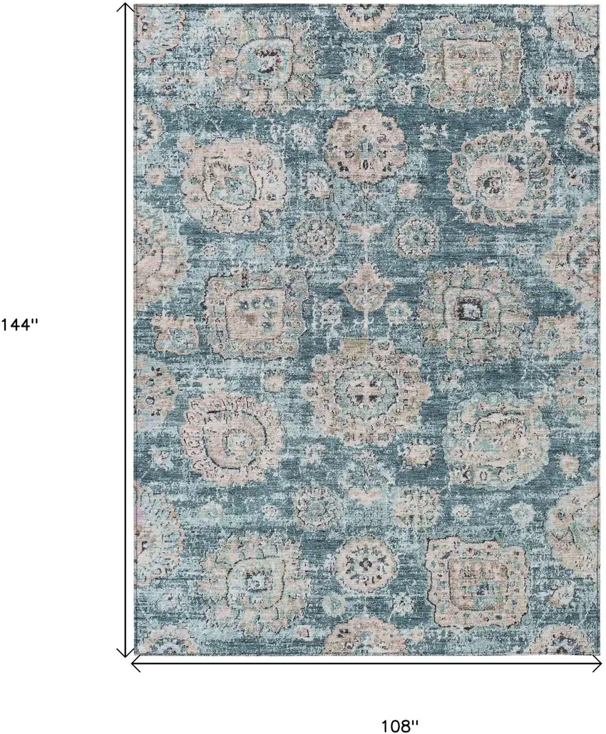 Teal Blue And Sky Blue Floral Washable Indoor Outdoor Area Rug Photo 3