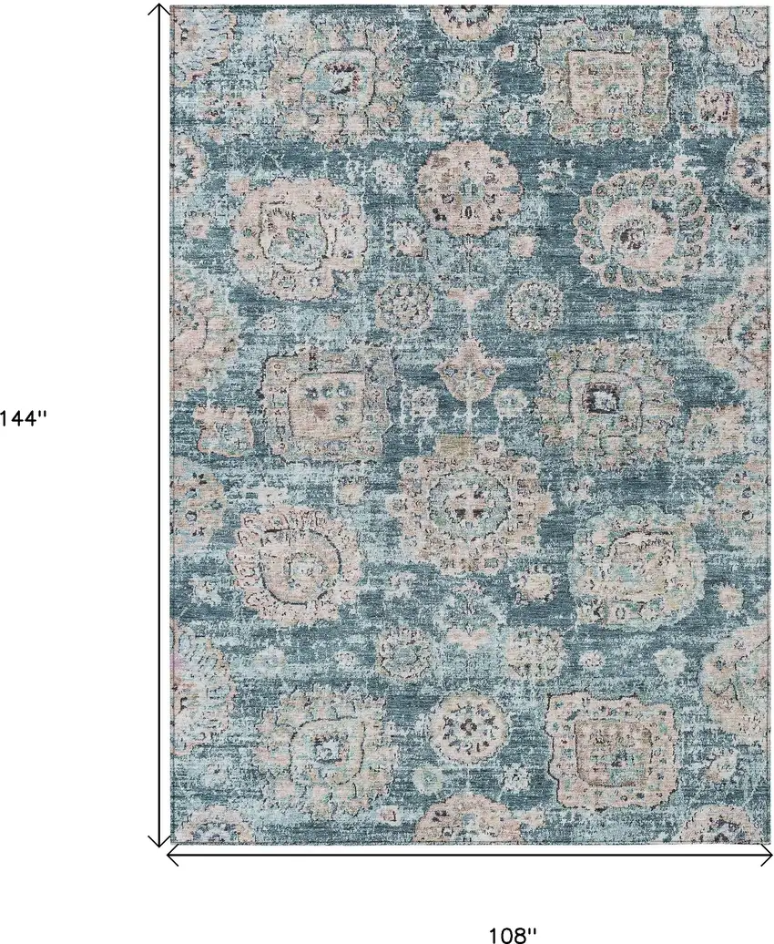 Teal Blue And Sky Blue Floral Washable Indoor Outdoor Area Rug Photo 3
