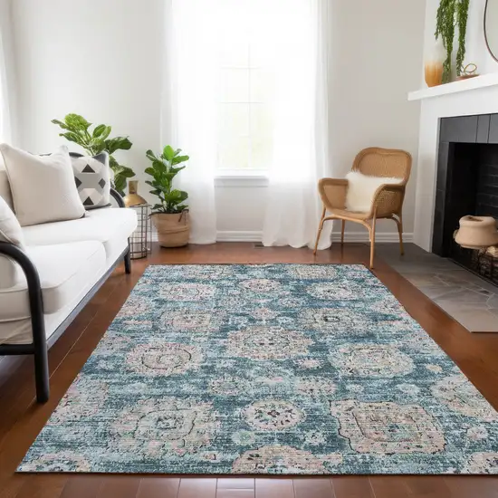Teal Blue And Sky Blue Floral Washable Indoor Outdoor Area Rug Photo 8
