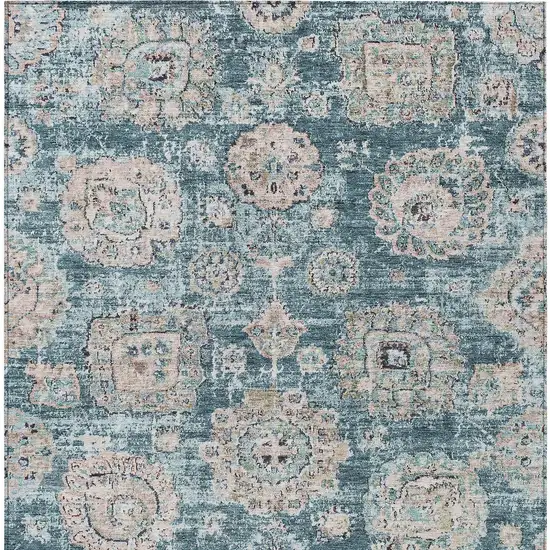 Teal Blue And Sky Blue Floral Washable Indoor Outdoor Area Rug Photo 5
