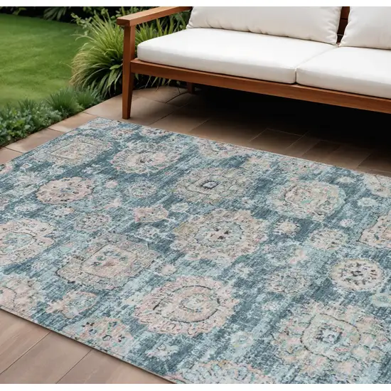 Teal Blue And Sky Blue Floral Washable Indoor Outdoor Area Rug Photo 1