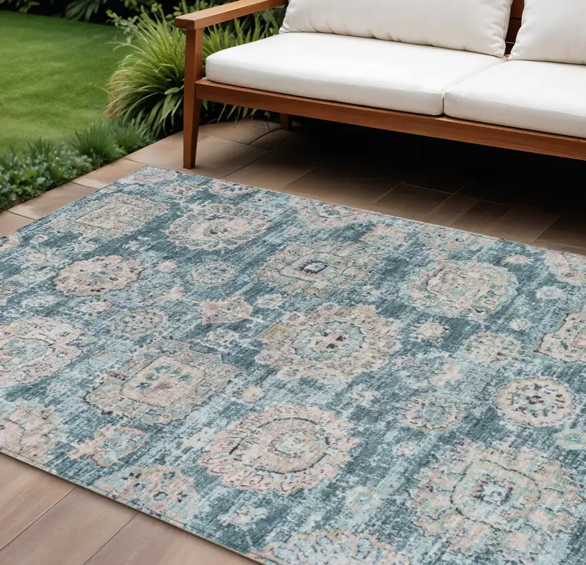 Teal Blue And Sky Blue Floral Washable Indoor Outdoor Area Rug Photo 1