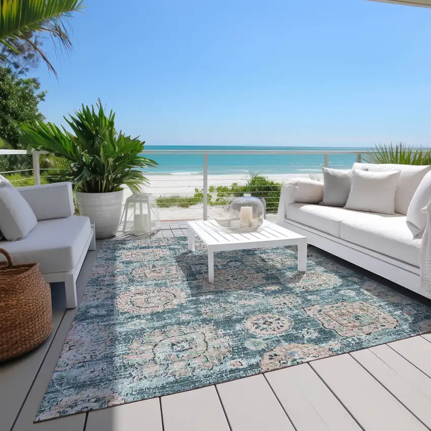 Teal Blue And Sky Blue Floral Washable Indoor Outdoor Area Rug Photo 9