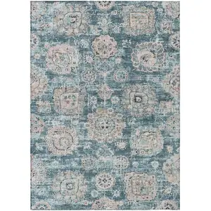Photo of Teal Blue And Sky Blue Floral Washable Indoor Outdoor Area Rug