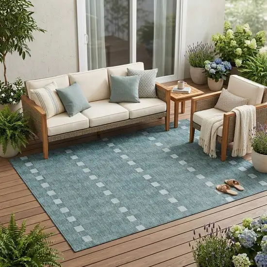Teal Blue And Sky Blue Geometric Washable Indoor Outdoor Area Rug Photo 1