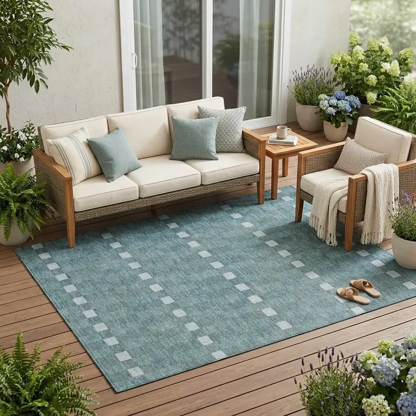 Teal Blue And Sky Blue Geometric Washable Indoor Outdoor Area Rug Photo 1