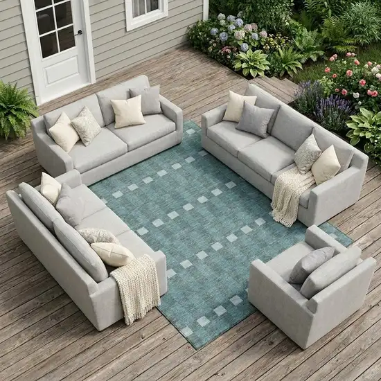 Teal Blue And Sky Blue Geometric Washable Indoor Outdoor Area Rug Photo 1