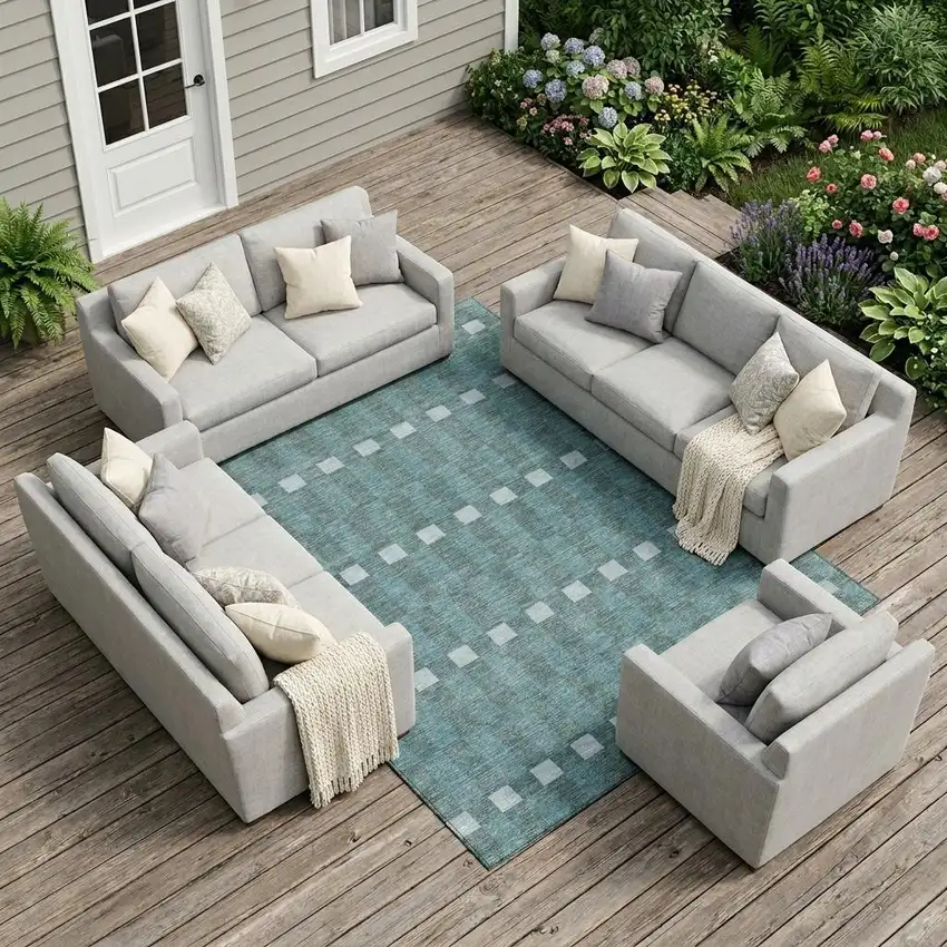 Teal Blue And Sky Blue Geometric Washable Indoor Outdoor Area Rug Photo 1