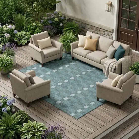 Teal Blue And Sky Blue Geometric Washable Indoor Outdoor Area Rug Photo 1
