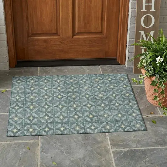 Teal Blue And Sky Blue Geometric Washable Indoor Outdoor Area Rug Photo 1