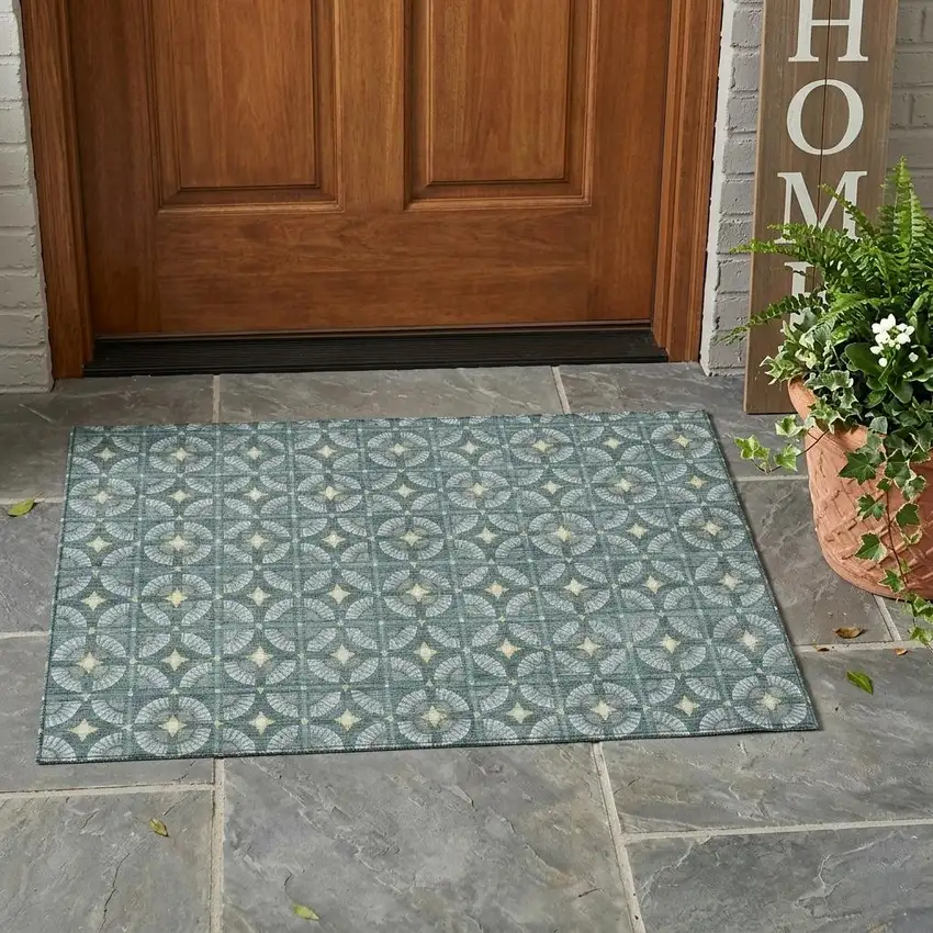 Teal Blue And Sky Blue Geometric Washable Indoor Outdoor Area Rug Photo 1