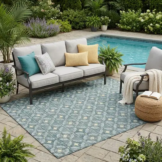 Teal Blue And Sky Blue Geometric Washable Indoor Outdoor Area Rug Photo 1