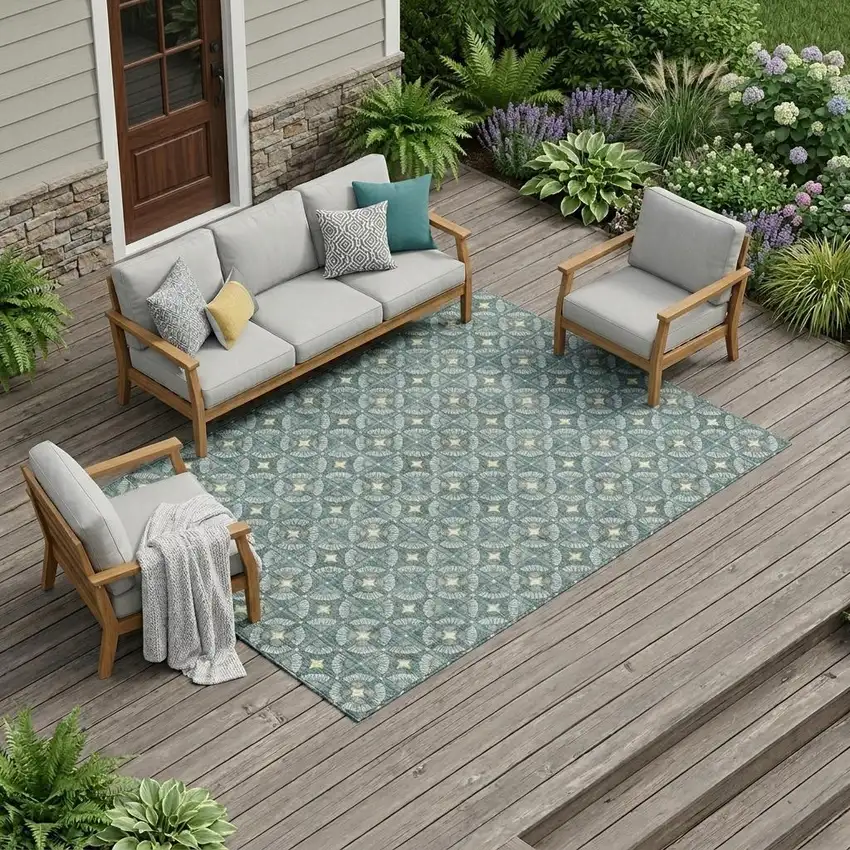 Teal Blue And Sky Blue Geometric Washable Indoor Outdoor Area Rug Photo 1