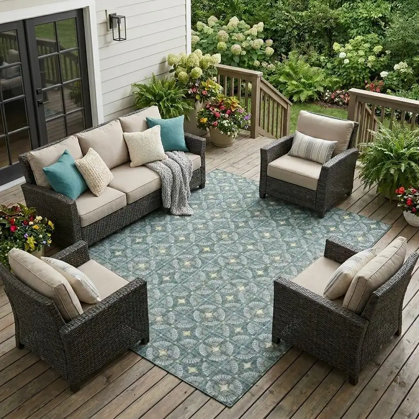 Teal Blue And Sky Blue Geometric Washable Indoor Outdoor Area Rug Photo 1