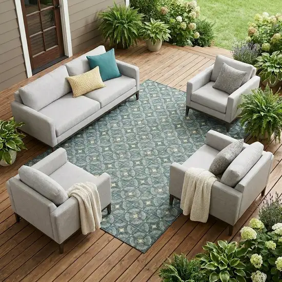 Teal Blue And Sky Blue Geometric Washable Indoor Outdoor Area Rug Photo 1