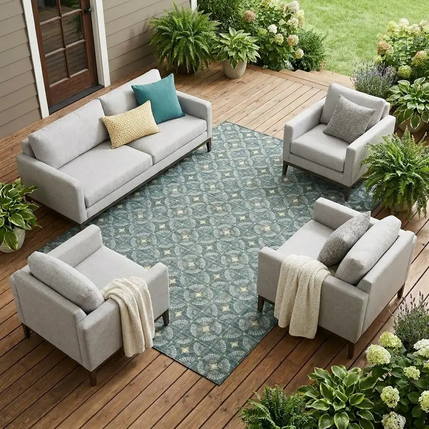 Teal Blue And Sky Blue Geometric Washable Indoor Outdoor Area Rug Photo 1