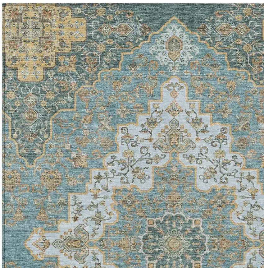 Teal Blue And Sky Blue Medallion Washable Indoor Outdoor Area Rug Photo 3
