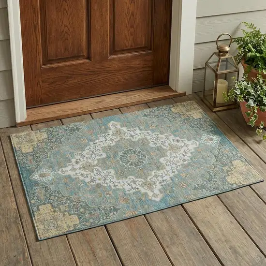 Teal Blue And Sky Blue Medallion Washable Indoor Outdoor Area Rug Photo 1