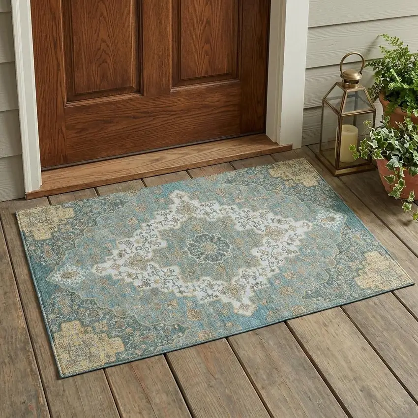 Teal Blue And Sky Blue Medallion Washable Indoor Outdoor Area Rug Photo 1