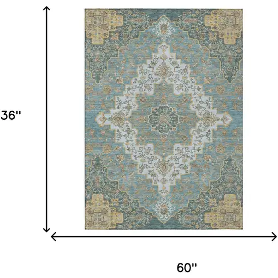 Teal Blue And Sky Blue Medallion Washable Indoor Outdoor Area Rug Photo 7