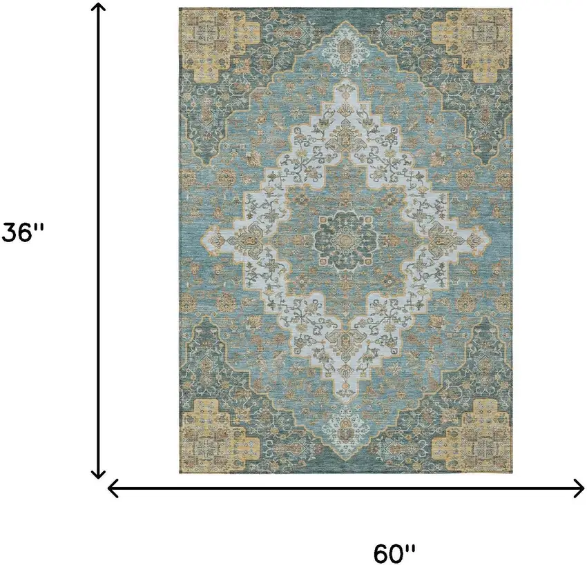 Teal Blue And Sky Blue Medallion Washable Indoor Outdoor Area Rug Photo 7