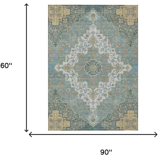 Teal Blue And Sky Blue Medallion Washable Indoor Outdoor Area Rug Photo 7