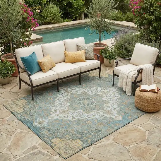 Teal Blue And Sky Blue Medallion Washable Indoor Outdoor Area Rug Photo 1